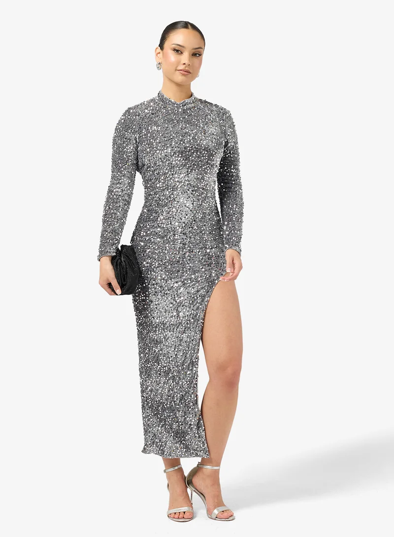 Ginger Sequin Embellished Backless Dress with Slit